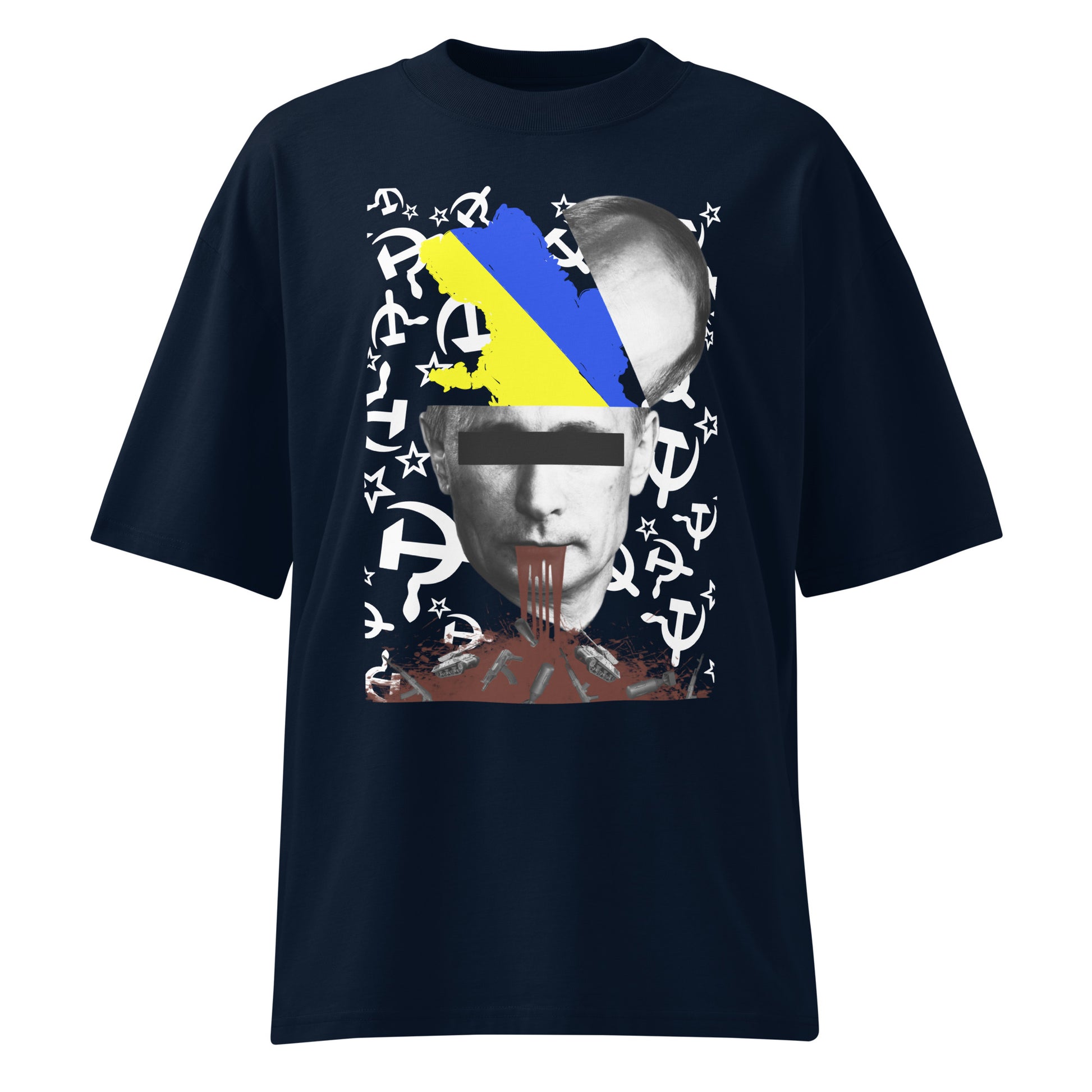 Schwarzes Bio-Baumwoll-Oversized-Shirt mit politischem „STOP WAR“-Print, Ukraine-Flagge und Hammer-und-Sichel-Motiv.