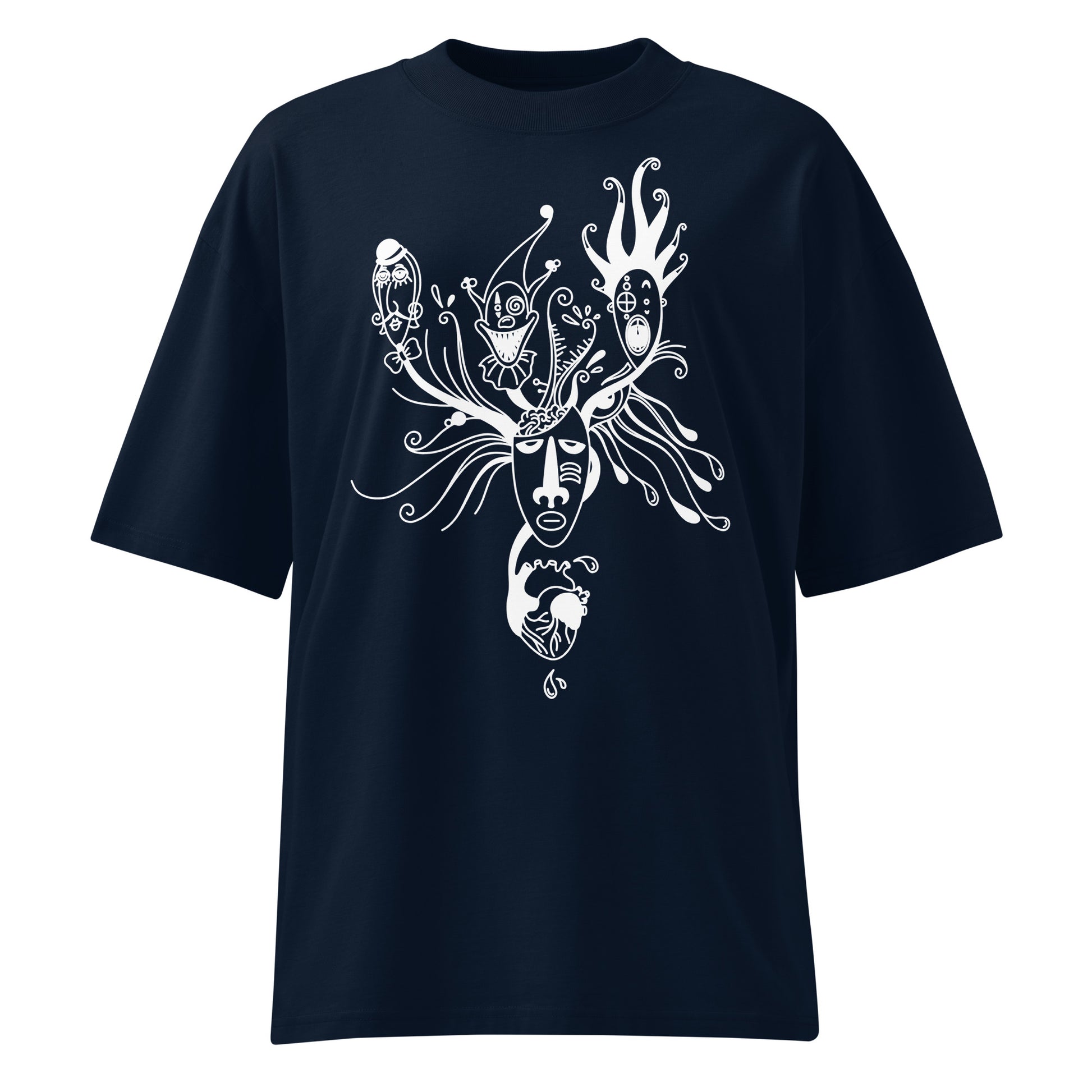 Schwarzes Bio-Baumwoll-Oversized-Shirt mit weißem Mental Health „Behind the Mask“ Grafik-Print.