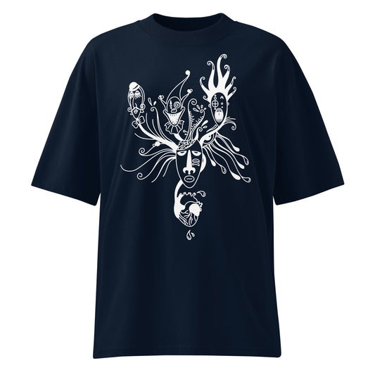 Schwarzes Bio-Baumwoll-Oversized-Shirt mit weißem Mental Health „Behind the Mask“ Grafik-Print.