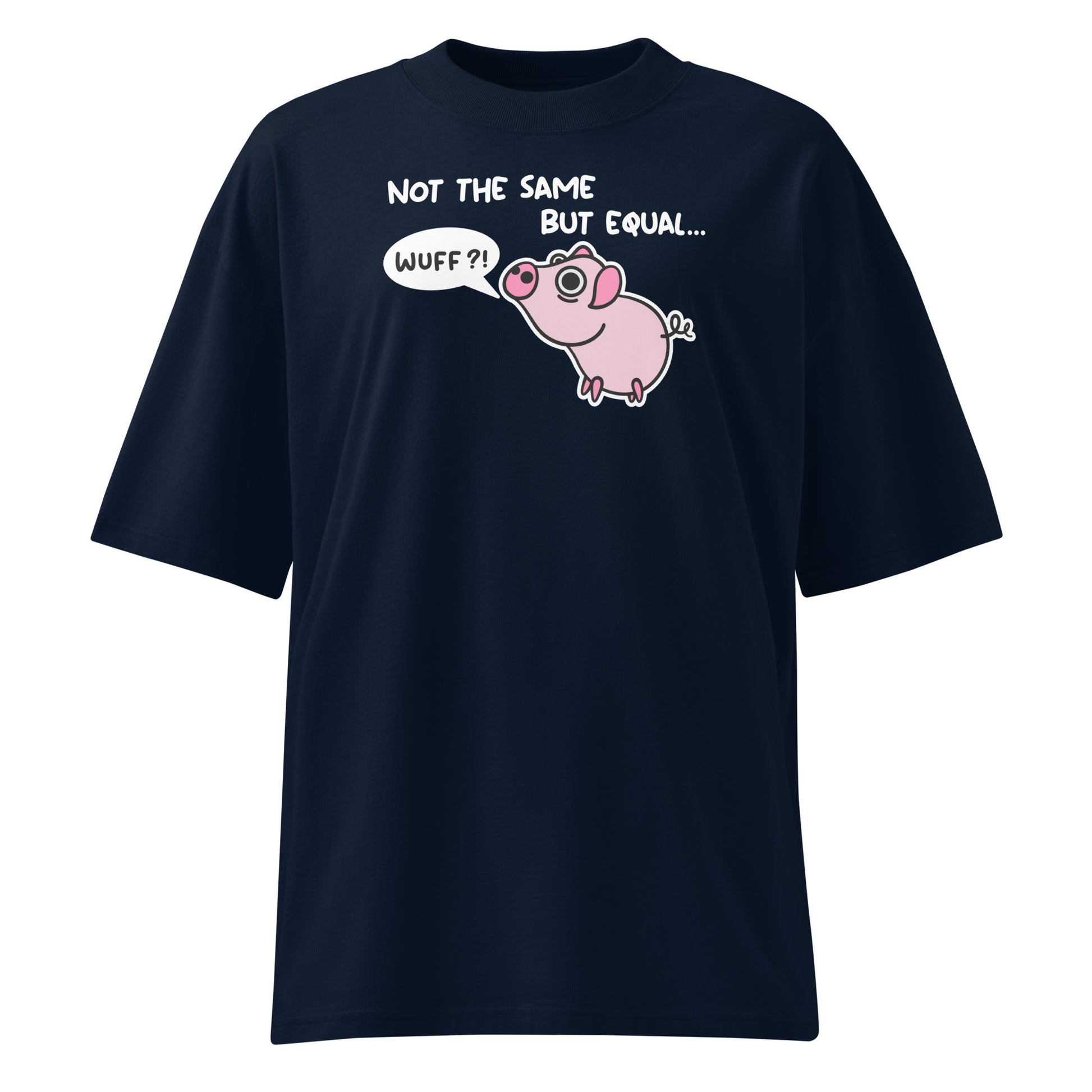 Dunkelblaues Bio-Baumwoll-Oversized-Shirt mit Comic-Schwein-Print und dem Schriftzug Not the same but equal.