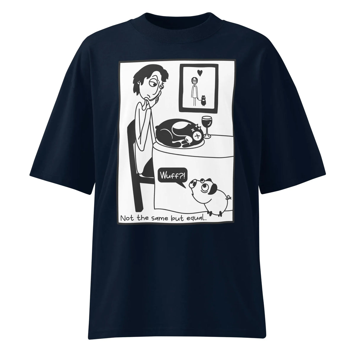 Oversized T‑Shirt von Pigdog in French Navy mit großem Comicdruck im Quadrat