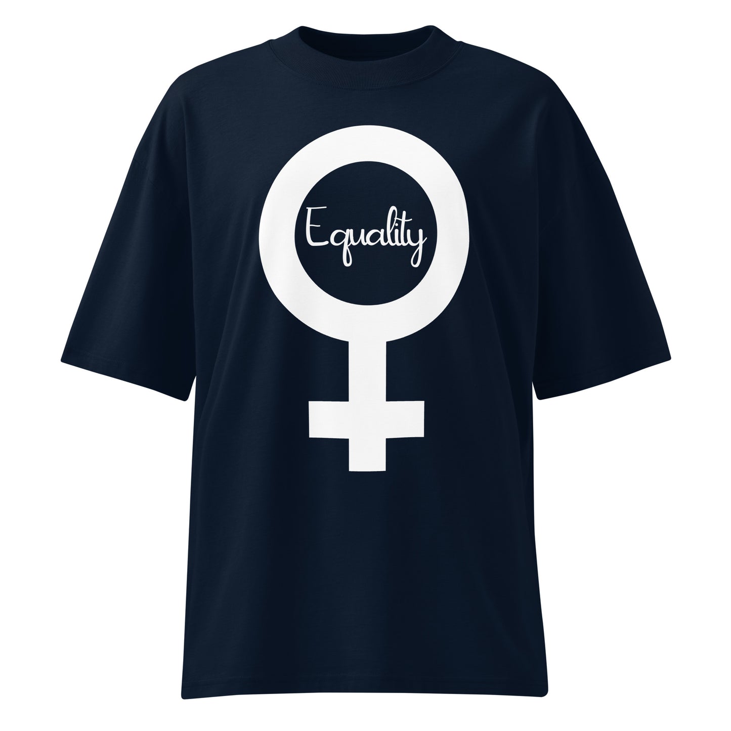 Dunkelblaues Bio-Baumwoll-Shirt im Oversized-Schnitt mit weißem Feminismus-Symbol und Equality-Schriftzug.
