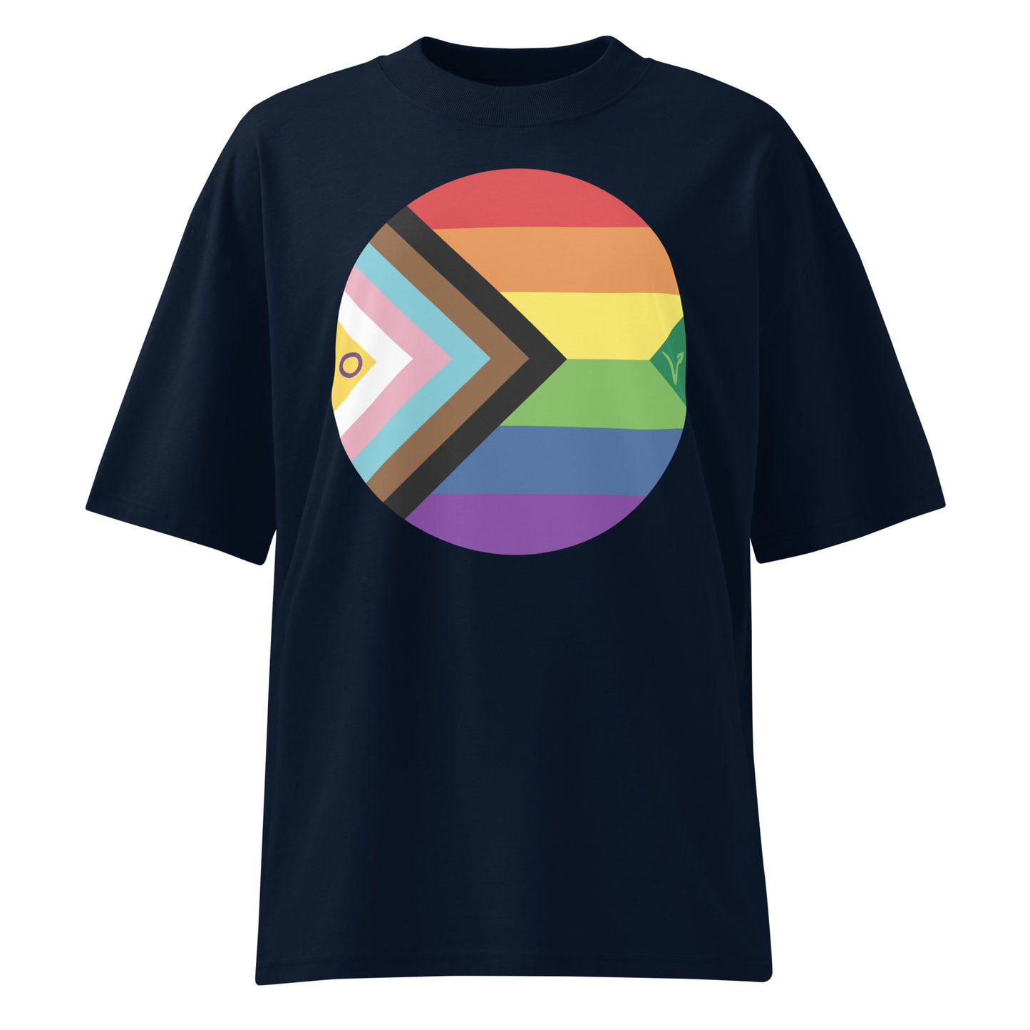 Schwarzes Oversized-T-Shirt aus Bio-Baumwolle mit rundem LGBTQAI+ und Vegan-Symbol-Print auf der Brust.