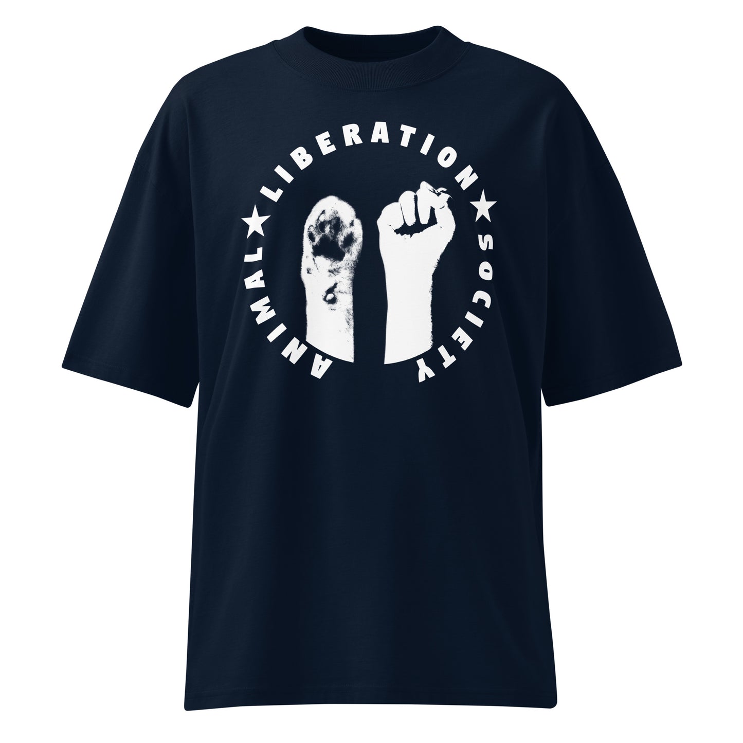 Dunkelblaues Bio-Baumwoll-Oversized-Shirt mit weißem Animal Liberation Society Print, Pfoten- und Faustmotiv.