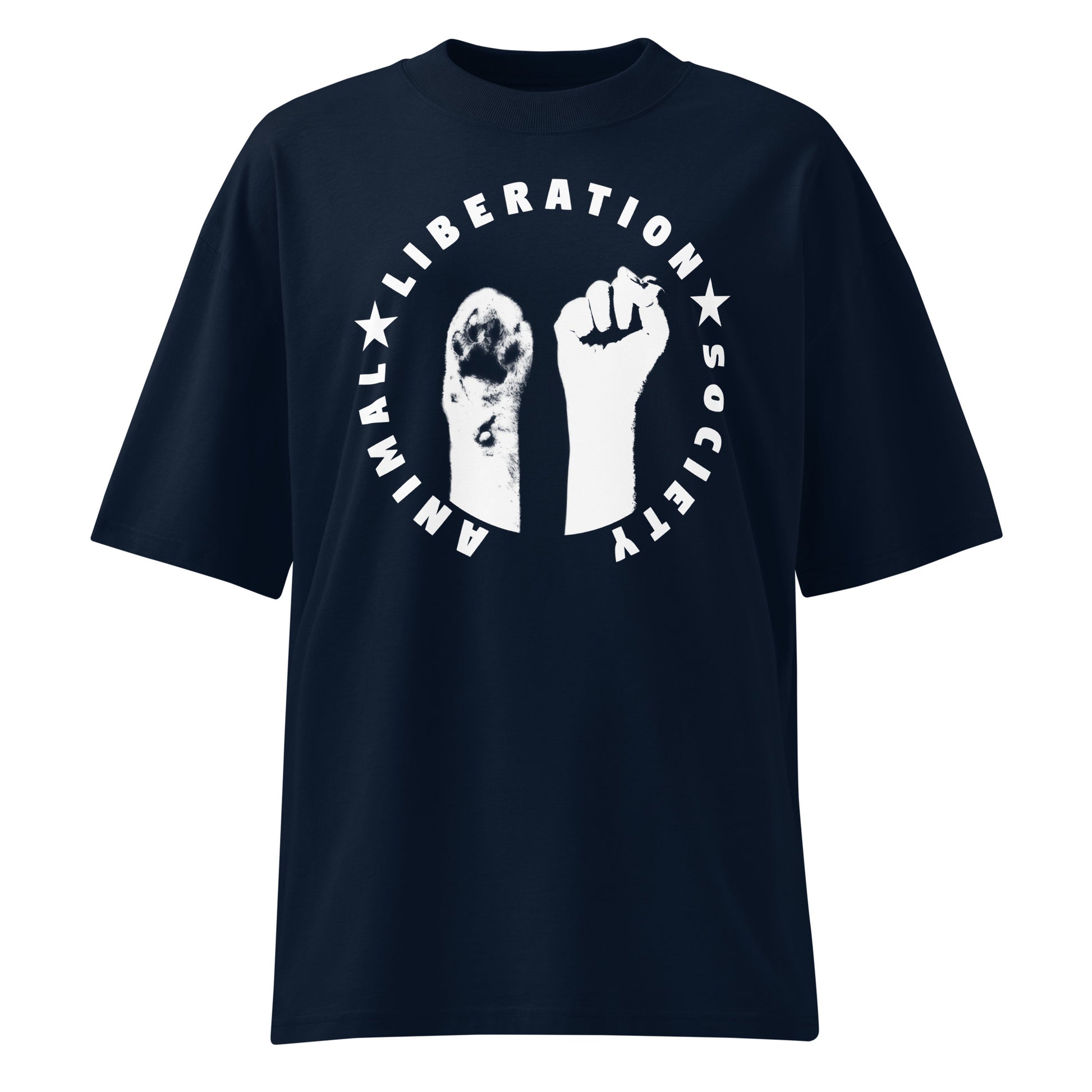 Dunkelblaues Bio-Baumwoll-Oversized-Shirt mit weißem Animal Liberation Society Print, Pfoten- und Faustmotiv.