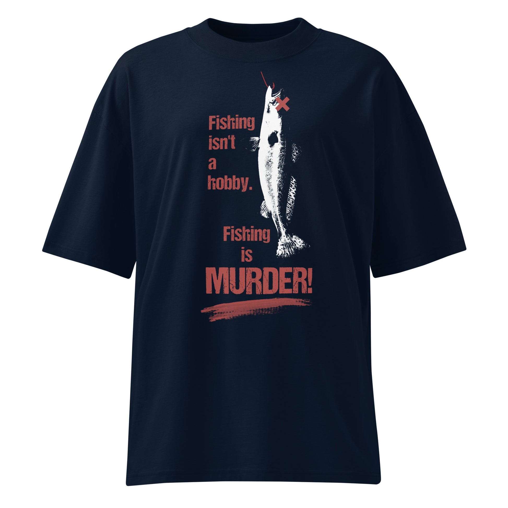 Dunkelblaues Bio-Baumwoll-Oversized-Shirt mit weißem Fisch-Print und rotem Schriftzug Fishing is MURDER.