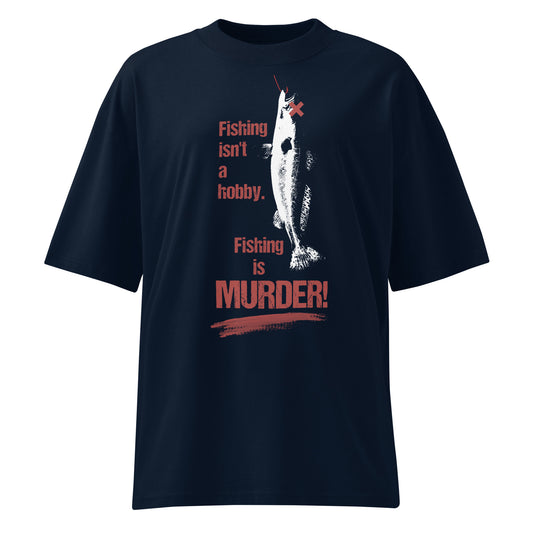 Dunkelblaues Bio-Baumwoll-Oversized-Shirt mit weißem Fisch-Print und rotem Schriftzug Fishing is MURDER.
