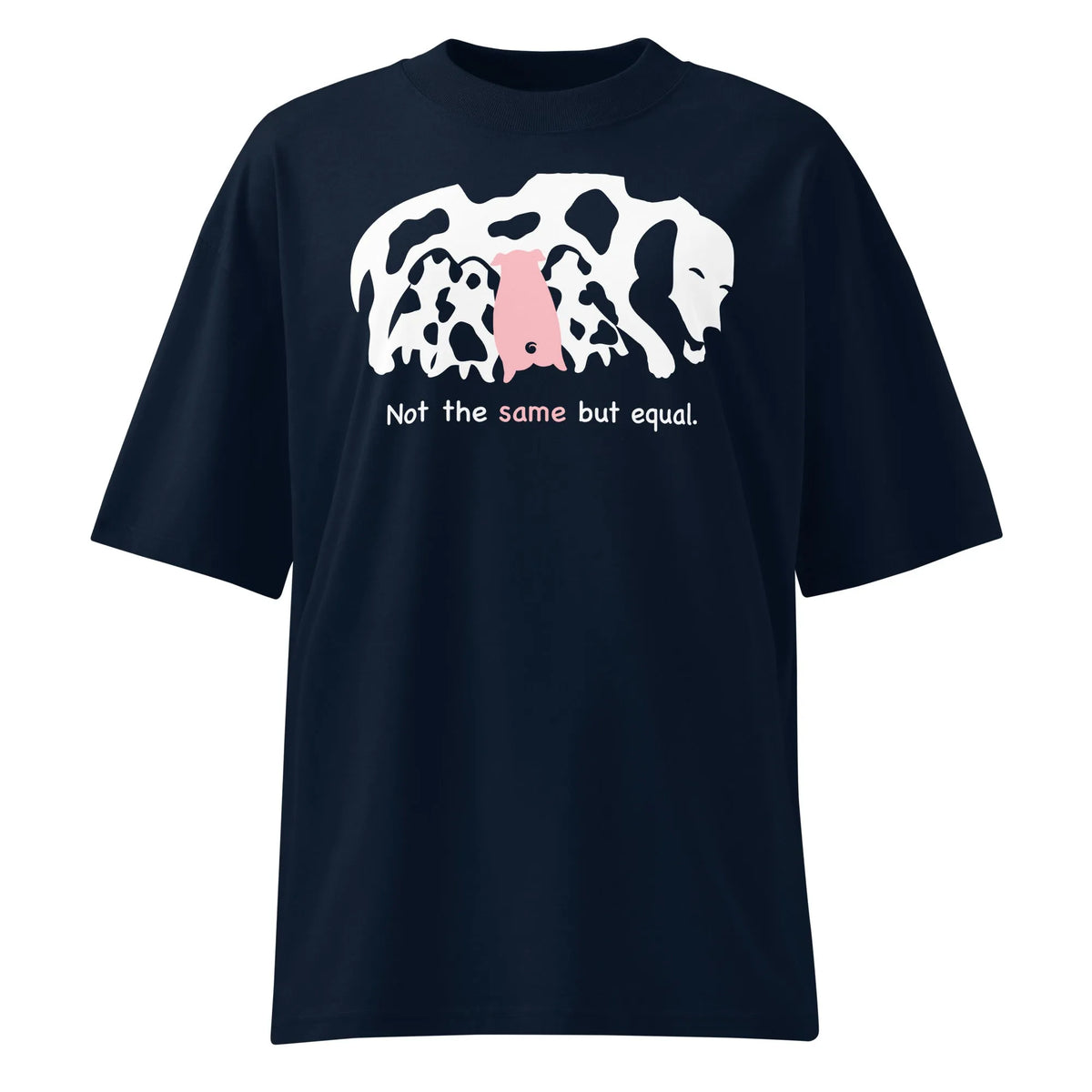 Dunkelblaues Oversized-T-Shirt mit Tierkopf-Druck und „Not the same but equal.“