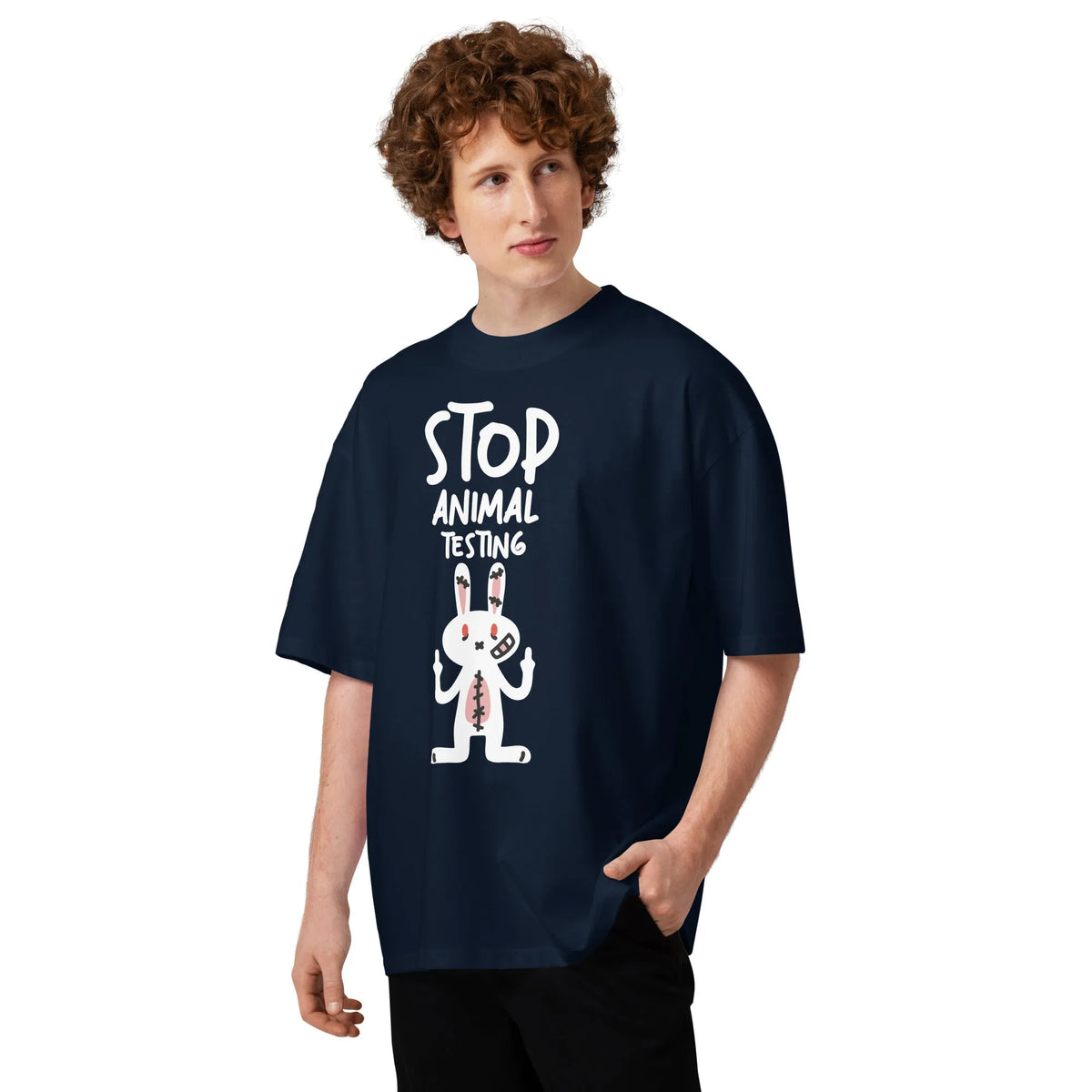 Oversized T-Shirt in Dunkelblau mit Hasen-Motiv „Stop Animal Testing“