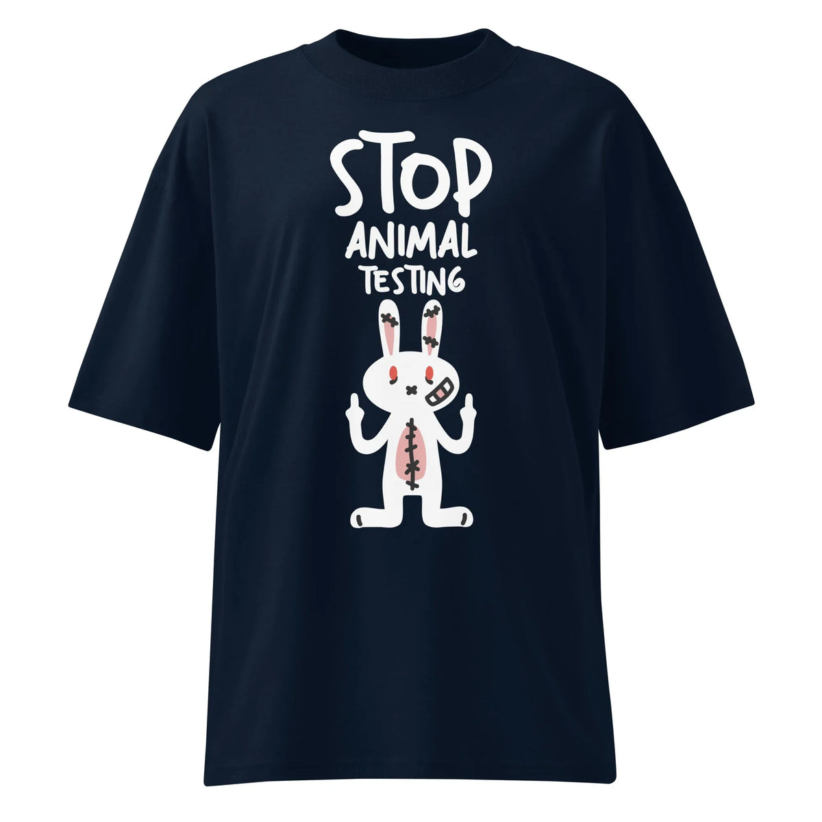 Oversized T-Shirt in Dunkelblau mit Motiv „Stop Animal Testing“ und Hase