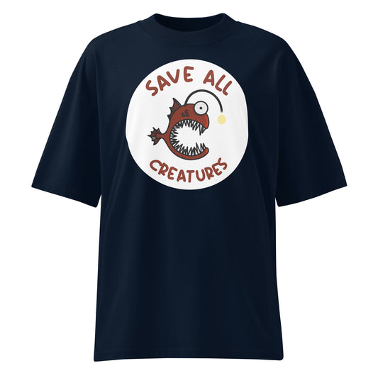Oversized T-Shirt French Navy mit großem „Save all creatures“-Tiermotiv.