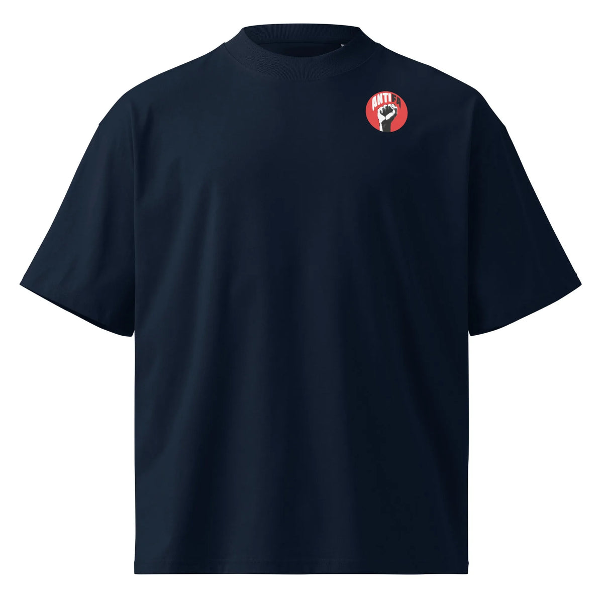 Oversize-Shirt in French Navy mit rundem ANTIFA-Logo auf der Brust, Kurzarm