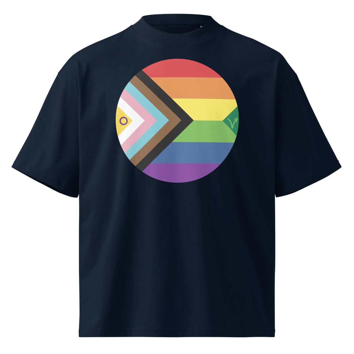 Dunkelblaues Oversized-Shirt mit rundem Regenbogen-Motiv und Pfeil