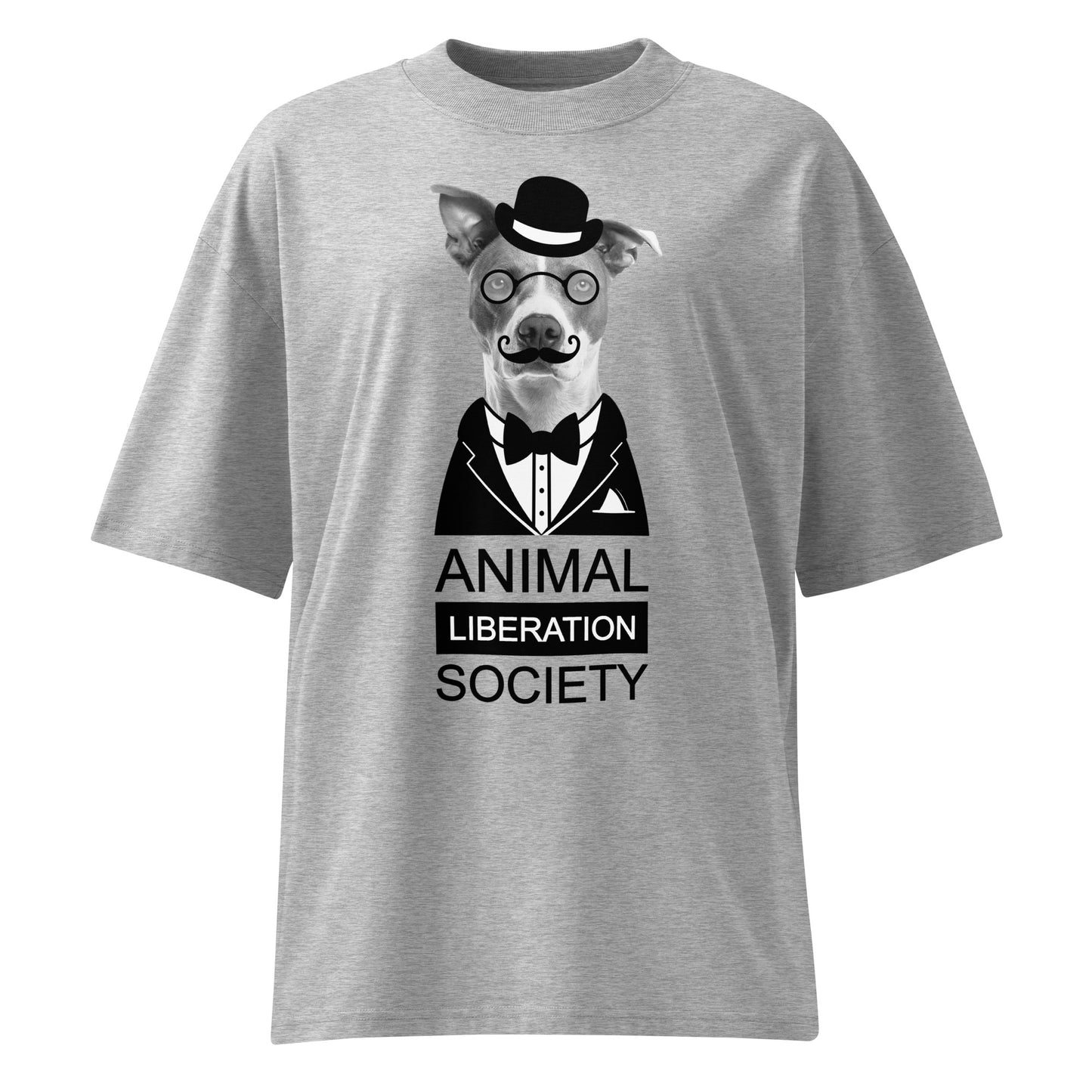 Graues Bio-Baumwoll-Oversized-Shirt mit Mr. Dog Print, Zylinder, Monokel und Animal Liberation Society Schriftzug.