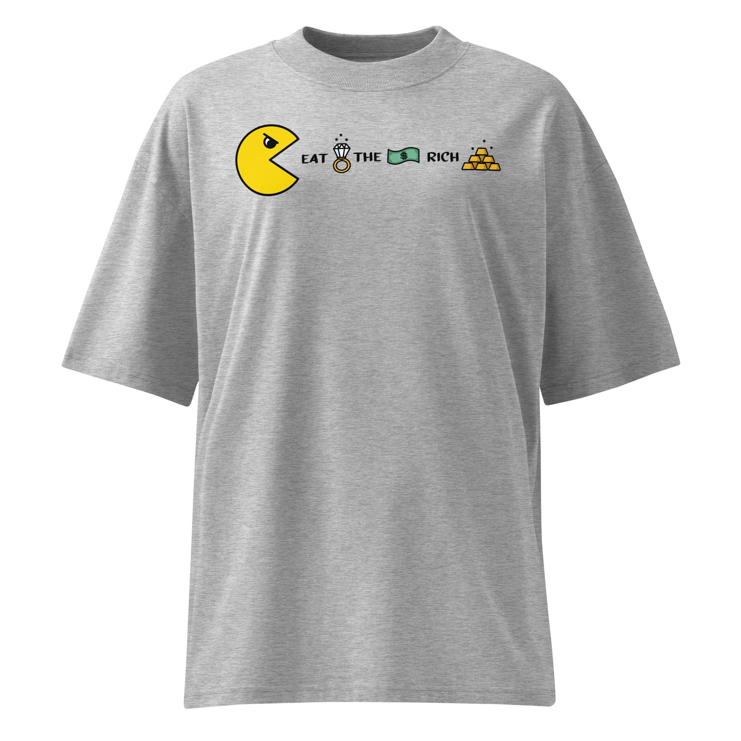 Graues Bio-Baumwoll-Oversized-Shirt mit Pacman-Print und dem Schriftzug Eat the Rich.
