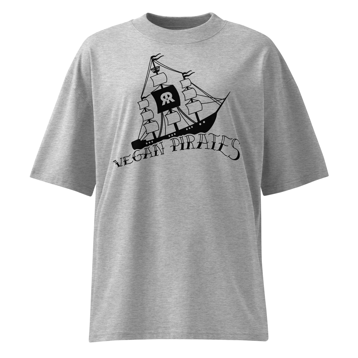 Graues Oversized-Shirt aus Bio-Baumwolle mit schwarzem Segelschiff-Druck und Vegan Pirates Schriftzug.