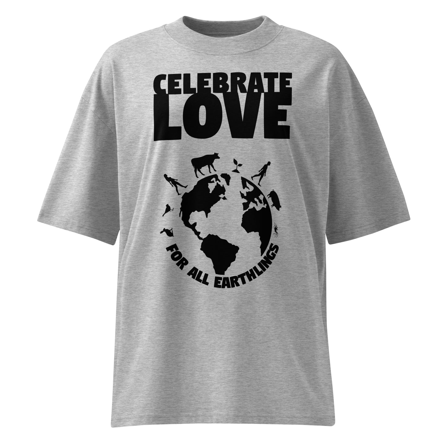 Graues Oversized-Shirt aus Bio-Baumwolle mit schwarzem Celebrate Love-Print, Weltkugel-Grafik und Tiermotiven.