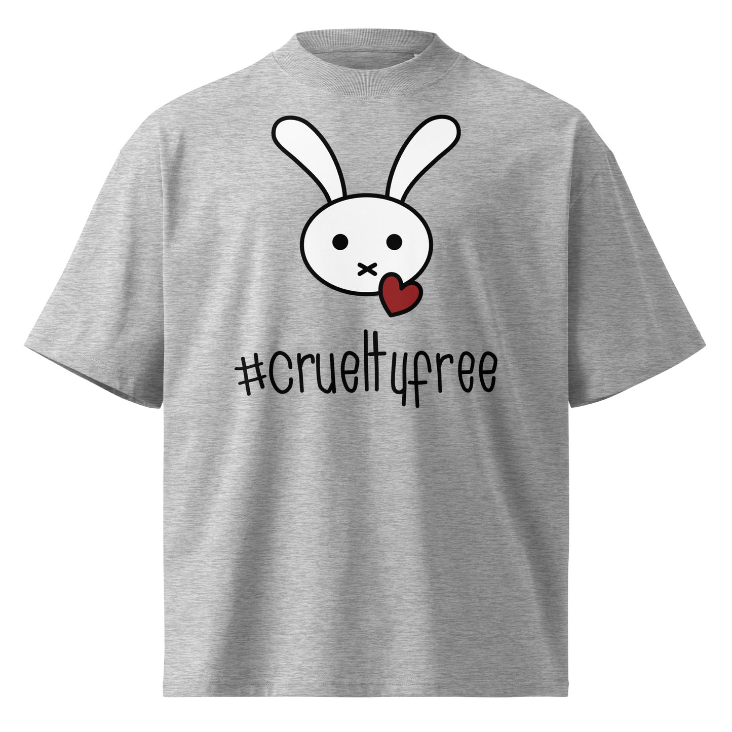 Graues Oversized-T-Shirt aus Bio-Baumwolle mit Hasen-Print, rotem Herz und #crueltyfree Schriftzug.