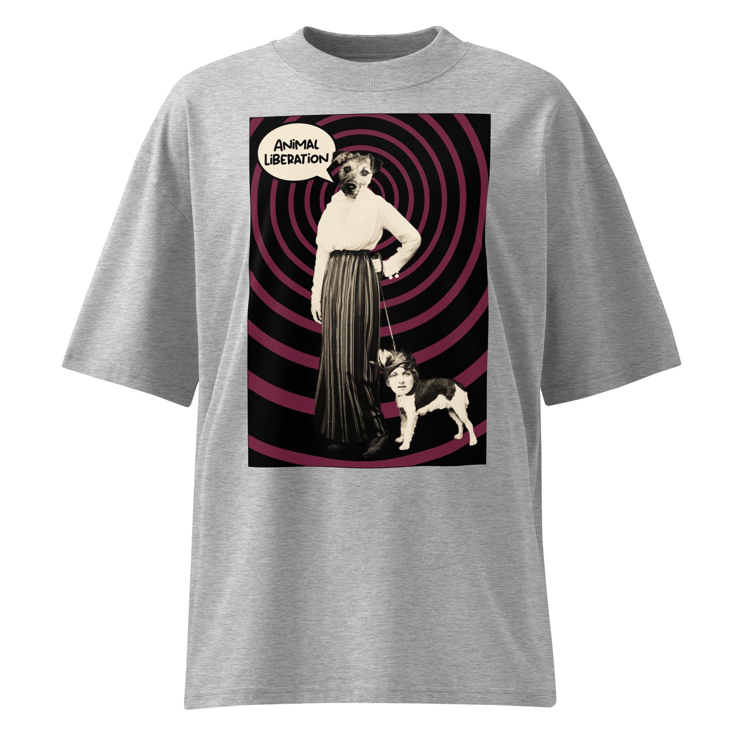 Graues Bio-Baumwoll Oversized-Shirt mit Ladydog Animal Liberation Print auf lila-schwarzem Spiralhintergrund.