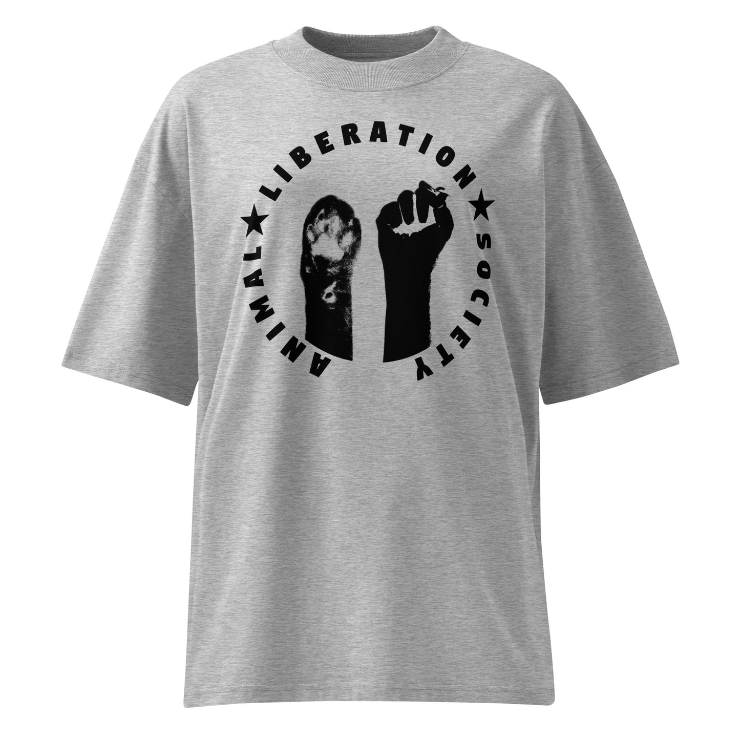 Graues Oversized-Shirt aus Bio-Baumwolle mit schwarzem Animal Liberation Society Print und Tierpfoten-Faust-Motiv.