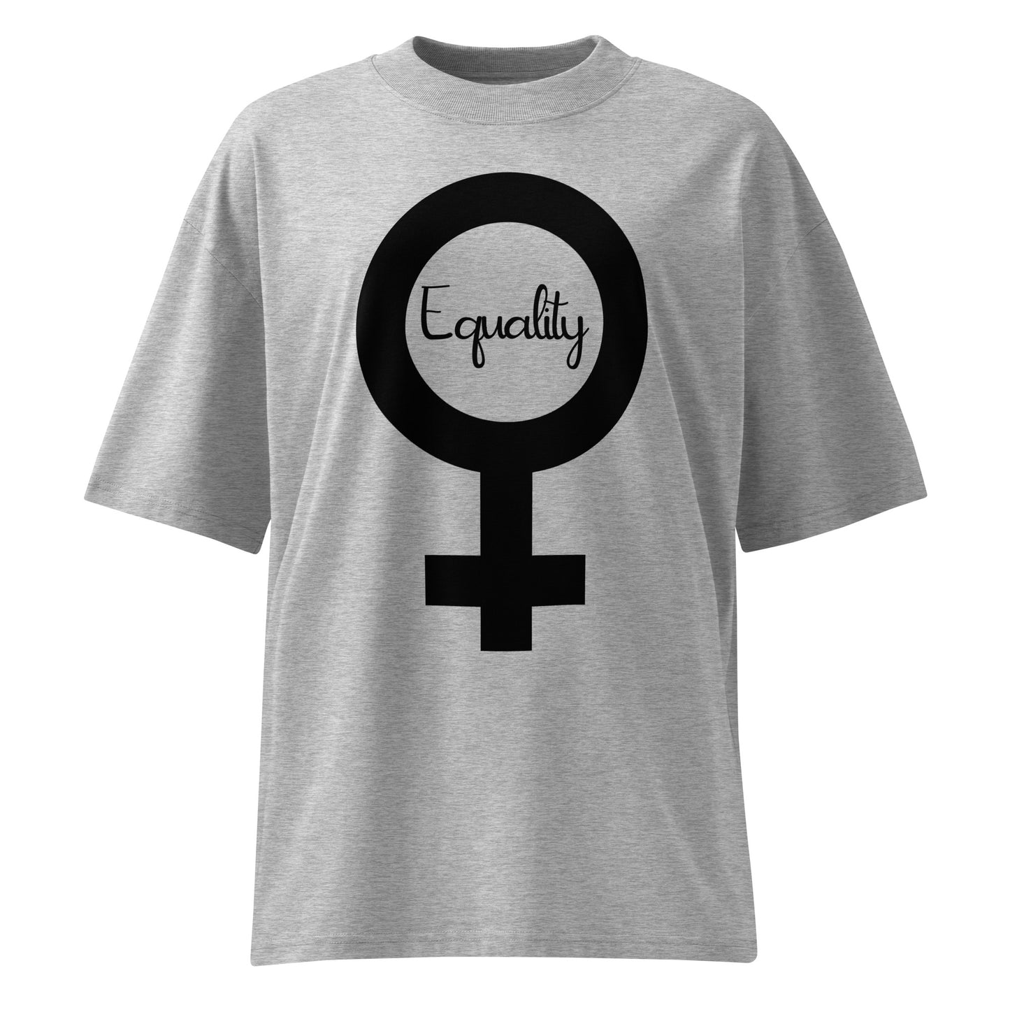 Graues Bio-Baumwoll-Oversized-Shirt mit schwarzem Feminismus-Symbol und Equality-Schriftzug.
