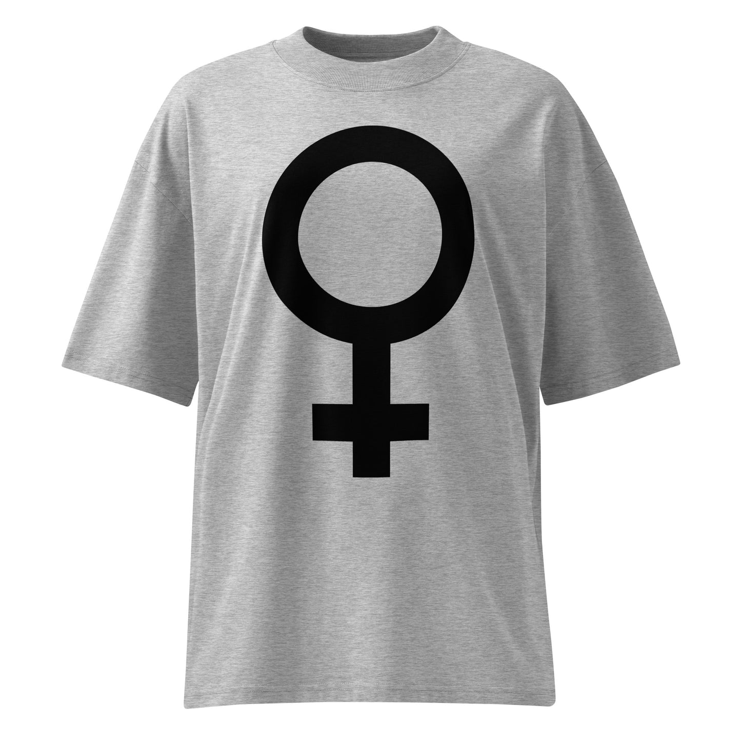 Graues Bio-Baumwoll-Oversized-Shirt mit schwarzem Feminismus-Symbol und überschnittenen Schultern.