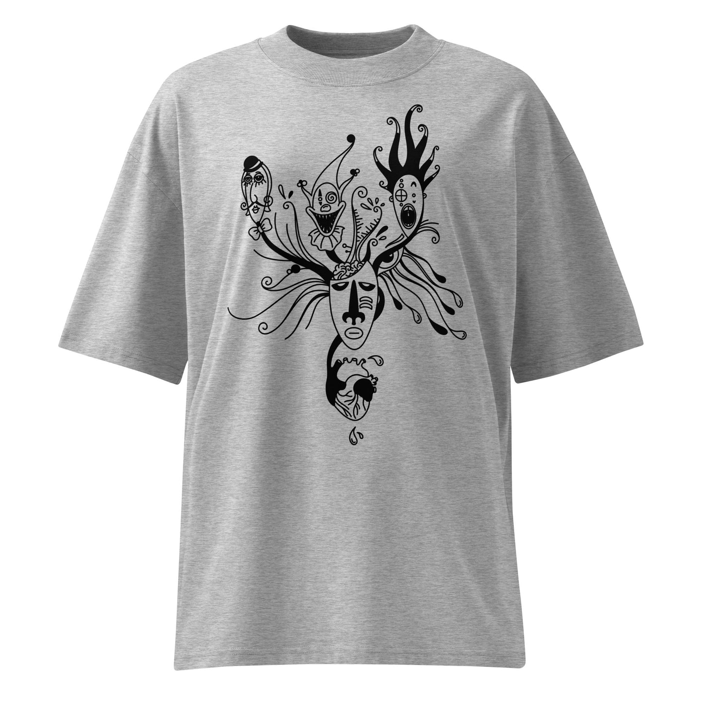 Graues Bio-Baumwoll-Oversized-Shirt mit schwarzem Mental-Health-Print: Masken-Motiv mit Herz und abstrakten Gesichtern.