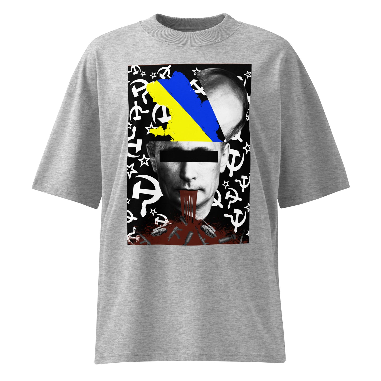 Graues Bio-Baumwoll-Oversized-Shirt mit politischem STOP WAR Print, Ukraine-Flagge und Hammer-und-Sichel-Motiv.