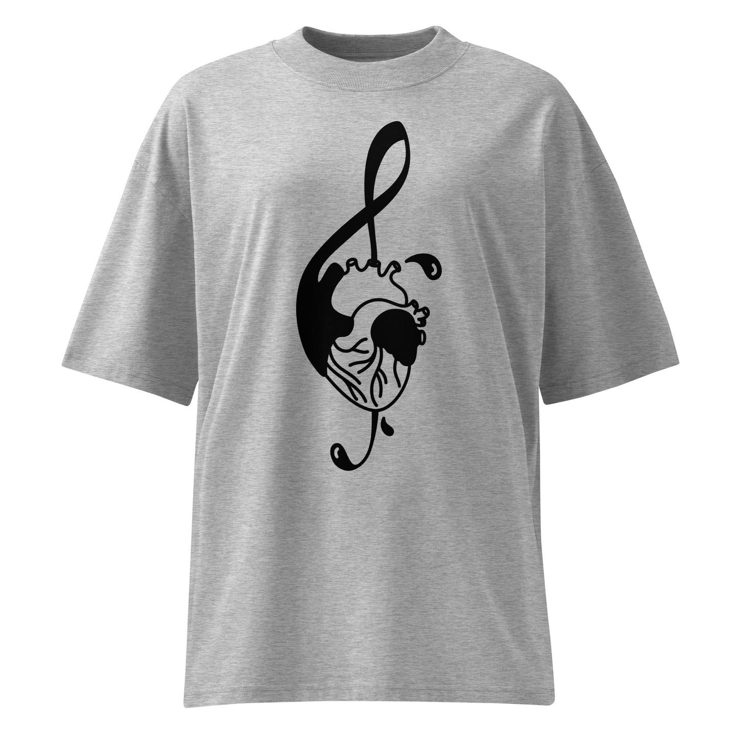 Graues Bio-Baumwoll-Oversized-Shirt mit schwarzem Notenschlüssel-Herz-Print und überschnittenen Schultern.