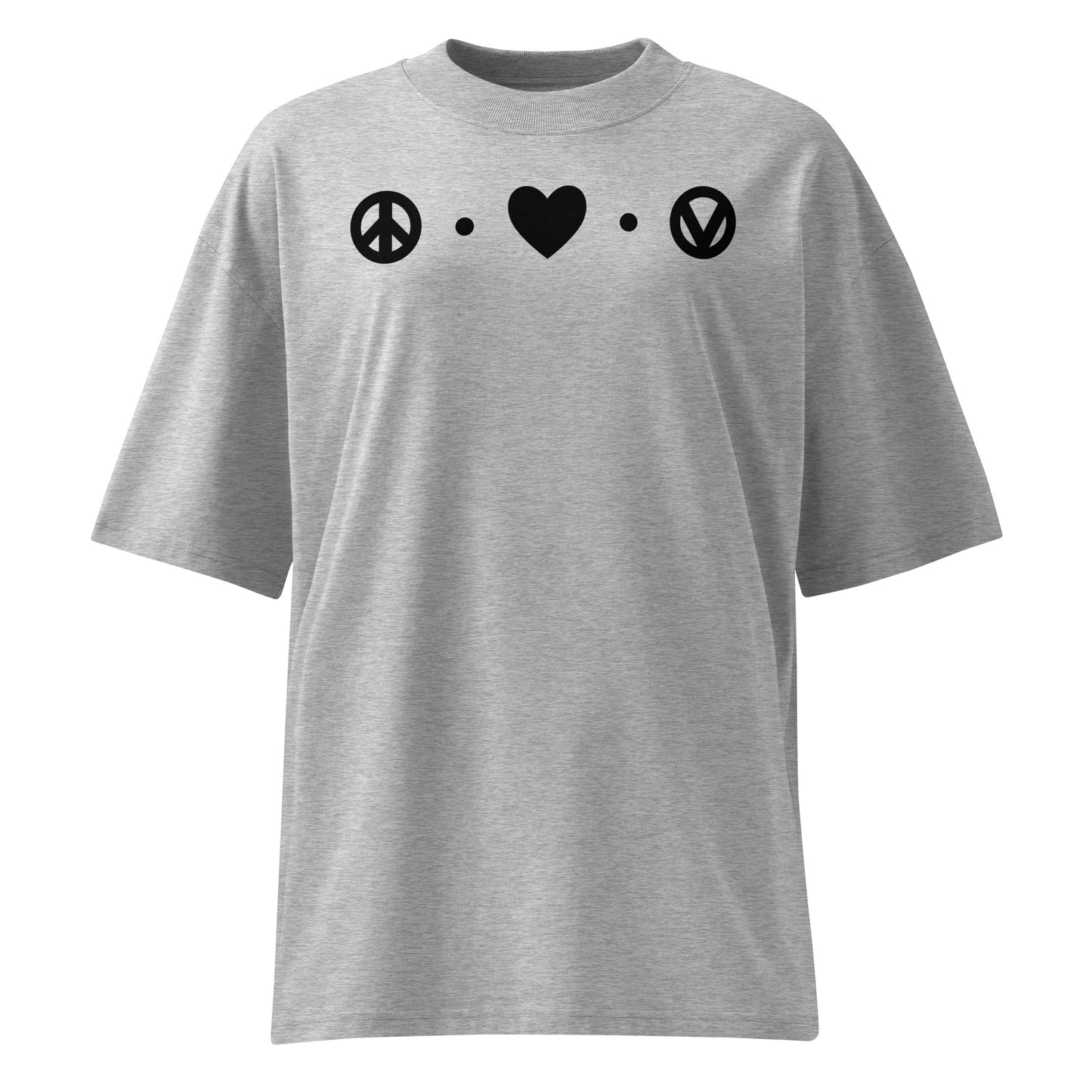 Graues Bio-Baumwoll-Oversized-Shirt mit schwarzem Peace-Herz-Vegan-Aufdruck und überschnittenen Schultern.