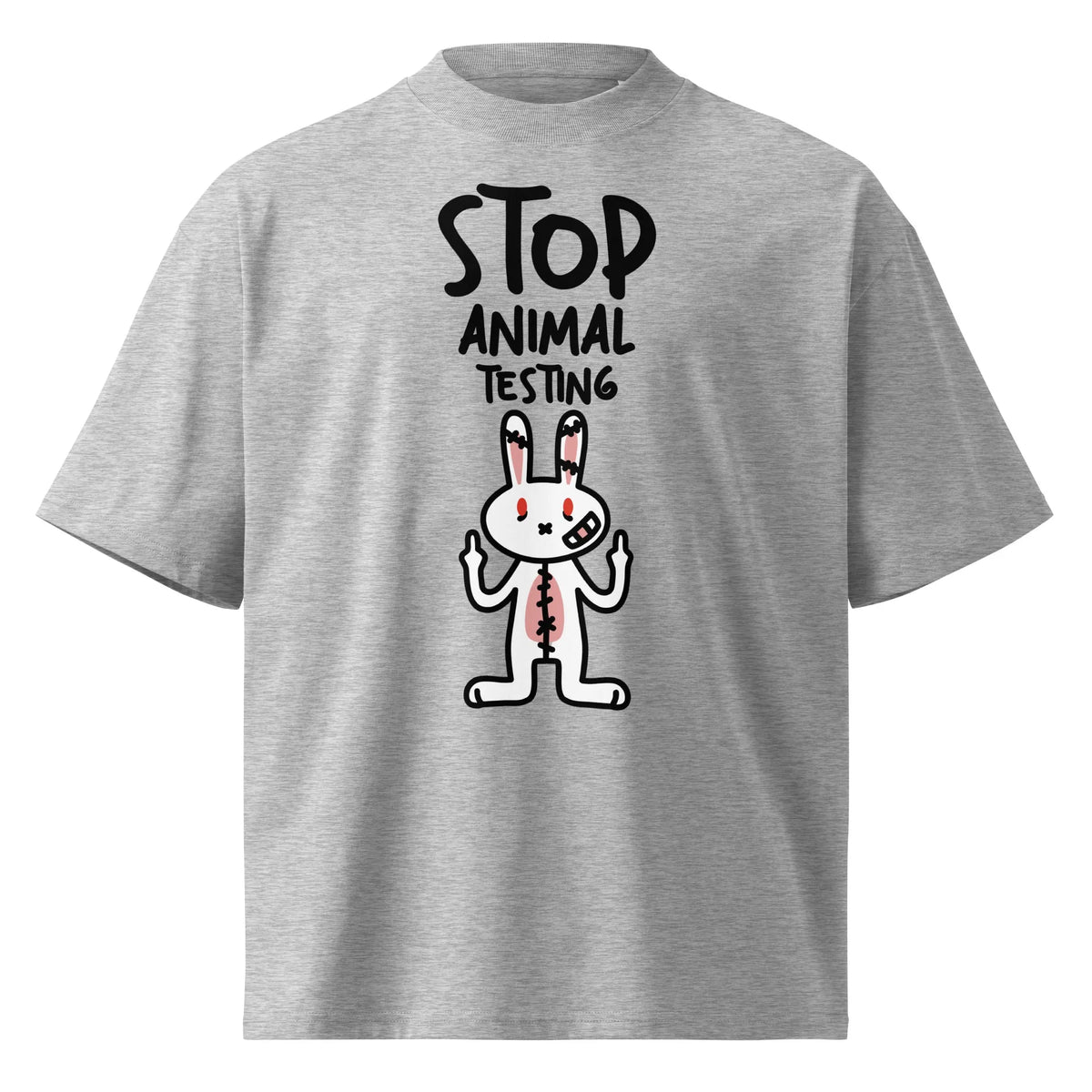 Oversized T-Shirt in meliertem Grau mit Hasen-Motiv „Stop Animal Testing“
