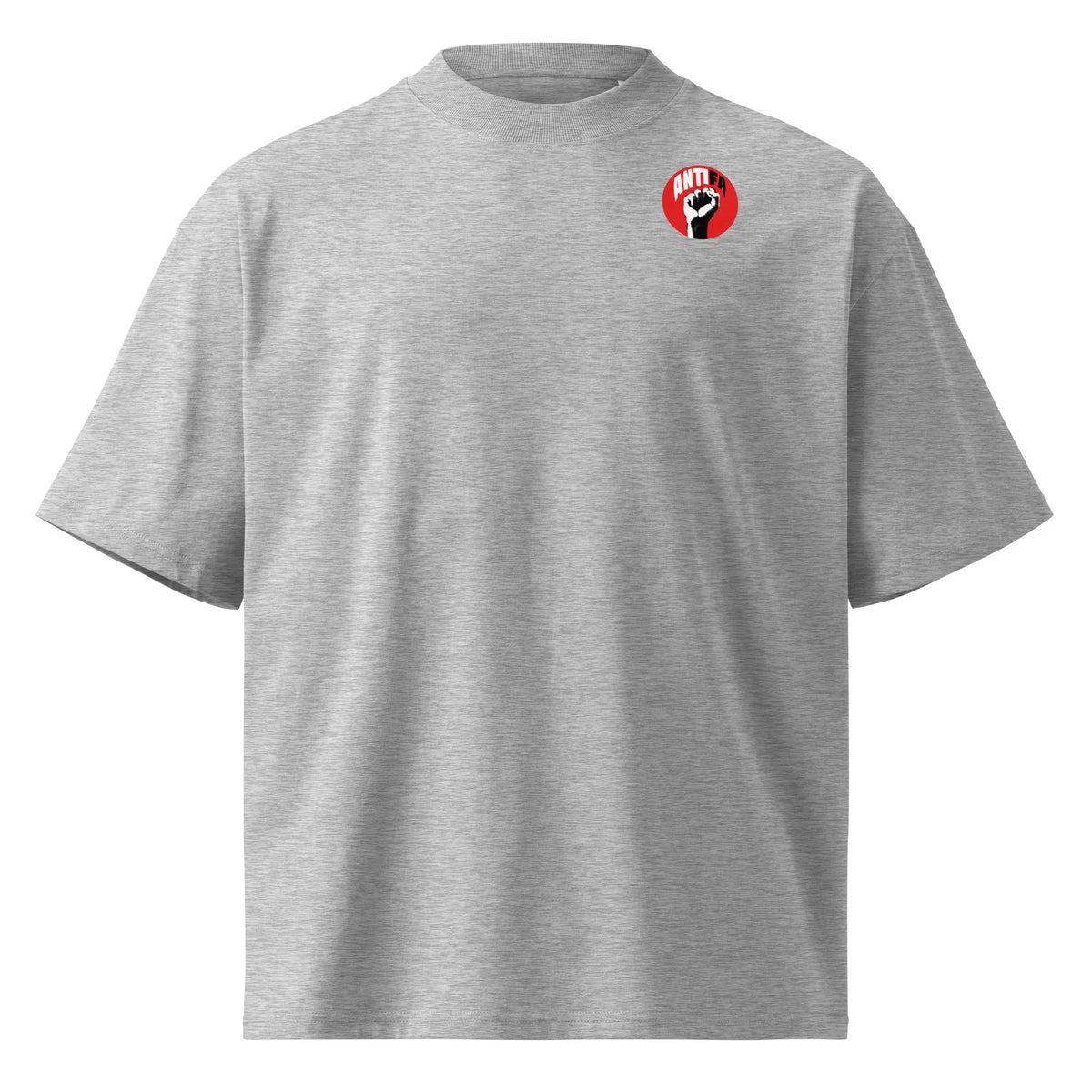 Oversize-Shirt in Heather Grau mit rundem ANTIFA-Logo auf der Brust, Kurzarm
