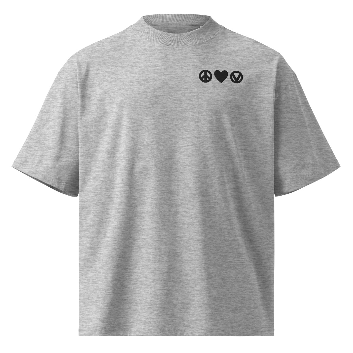 Oversized T‑Shirt in Hellgrau mit besticktem Peace- und Vegan-Emblem auf der Brust