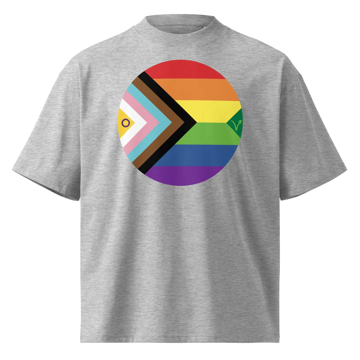 Grau meliertes Oversized-Shirt mit rundem Regenbogen-Motiv und Pfeil