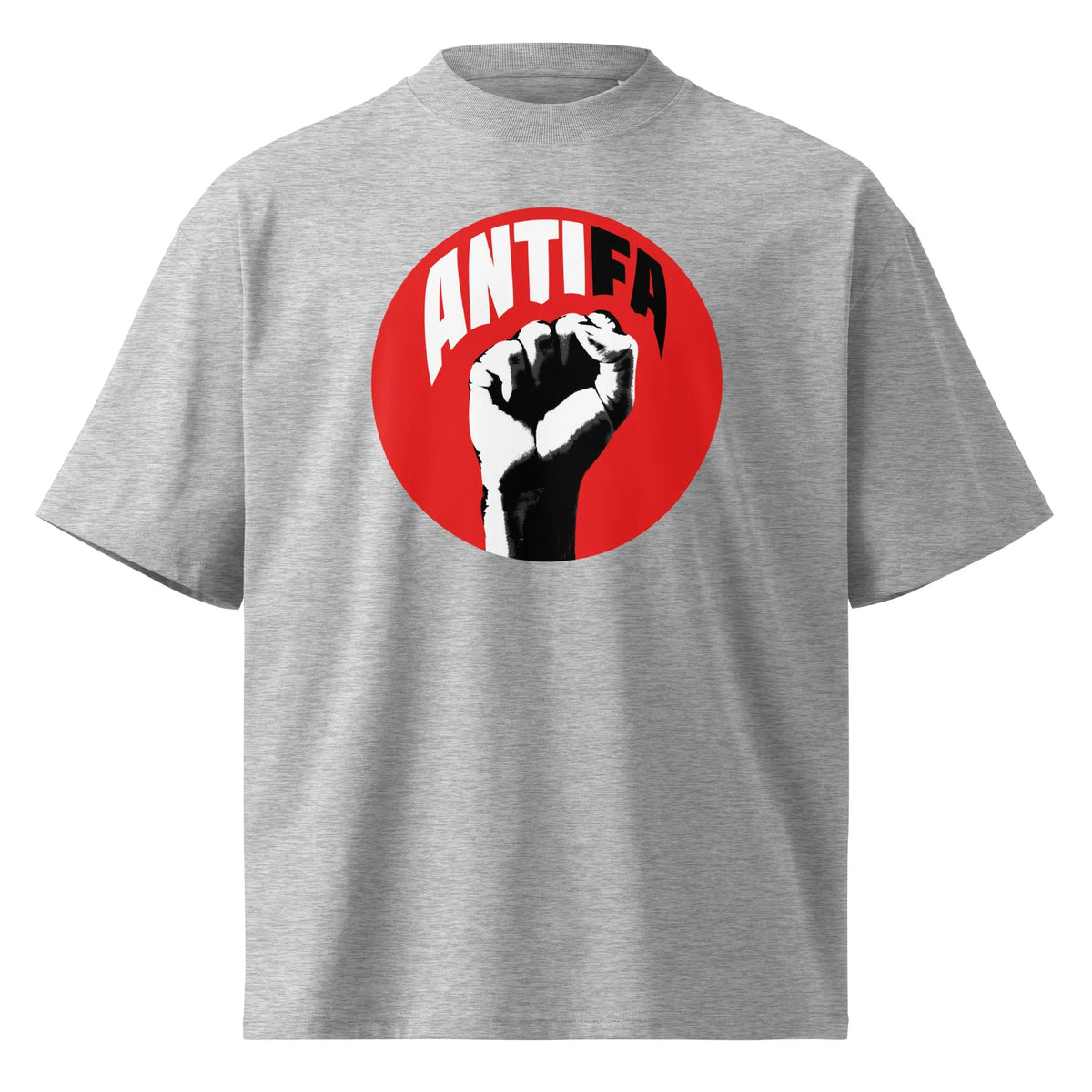 Oversized T-Shirt in Heather Grau mit ANTIFA-Logo im roten Kreis