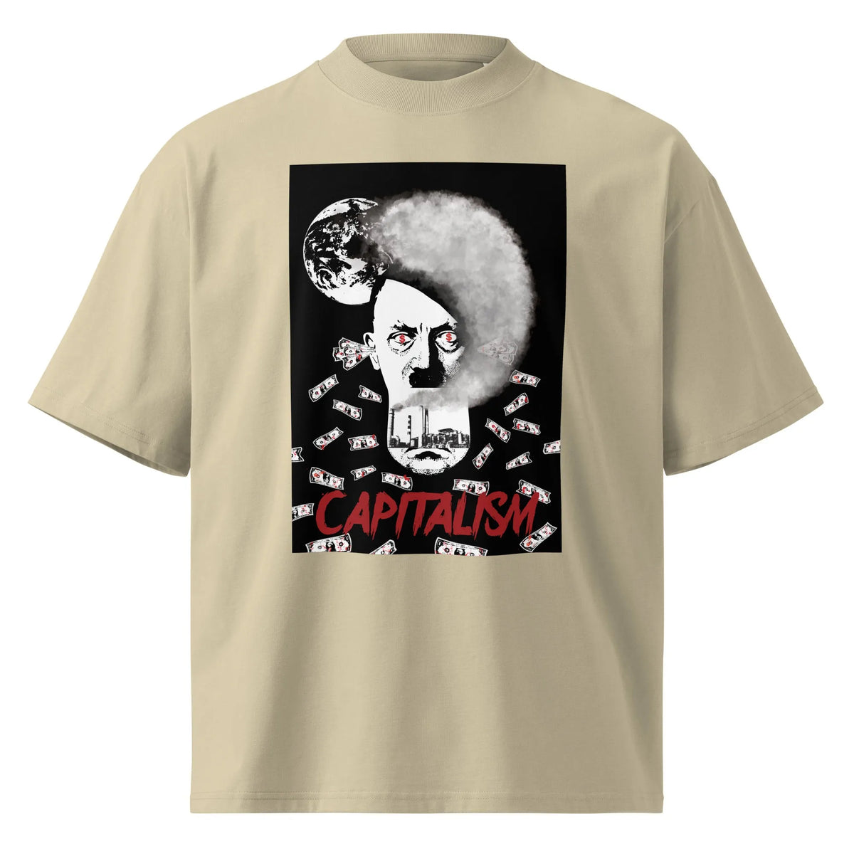 Steinfarbenes Oversize-T-Shirt mit Frontprint „CAPITALISM“ und Porträt