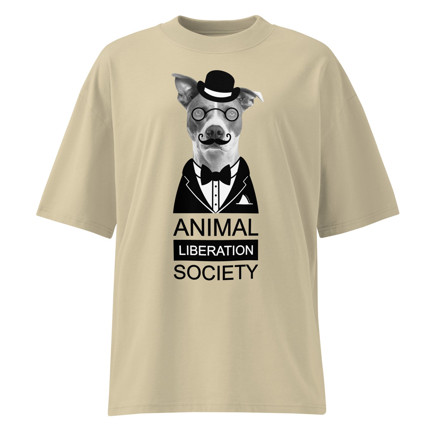 Beiges Oversized-Shirt aus Bio-Baumwolle mit Mr. Dog Print, Zylinder, Monokel und Animal Liberation Society Schriftzug.