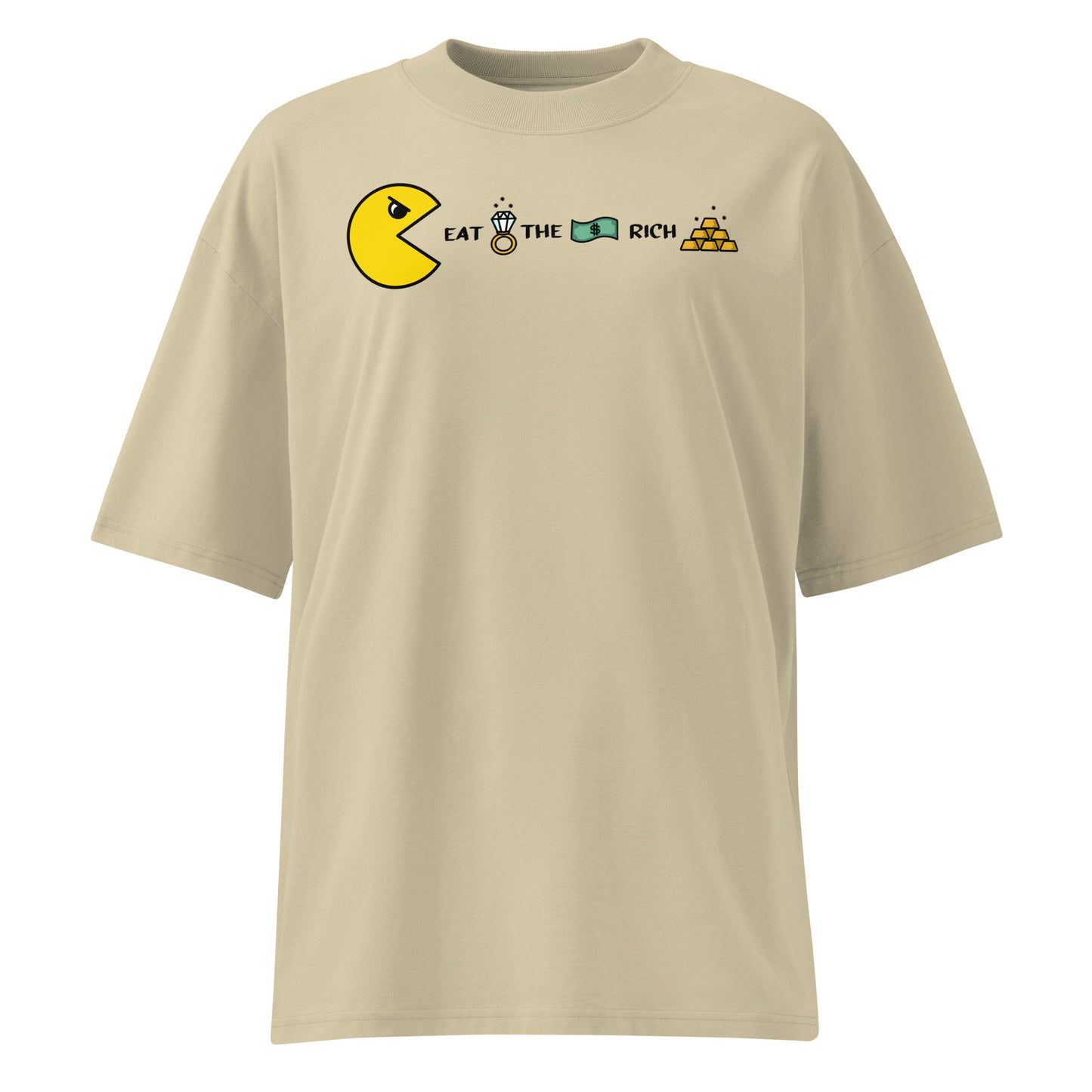 Beiges Oversized-T-Shirt aus Bio-Baumwolle mit Pacman-Grafik und dem Schriftzug Eat the Rich.