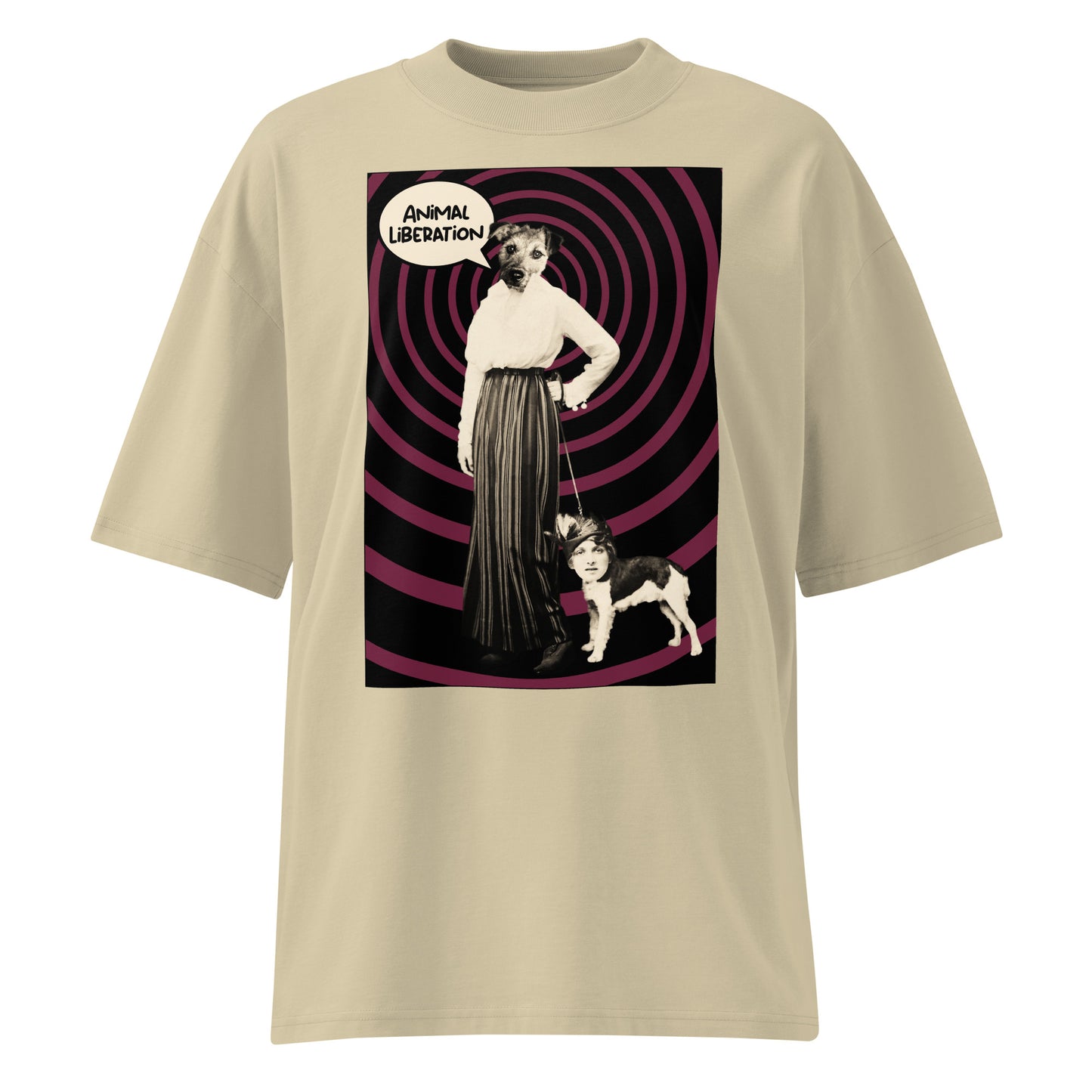 Beiges Bio-Baumwoll-Oversized-Shirt mit Ladydog Animal Liberation Grafikdruck und tief angesetzten Schultern.