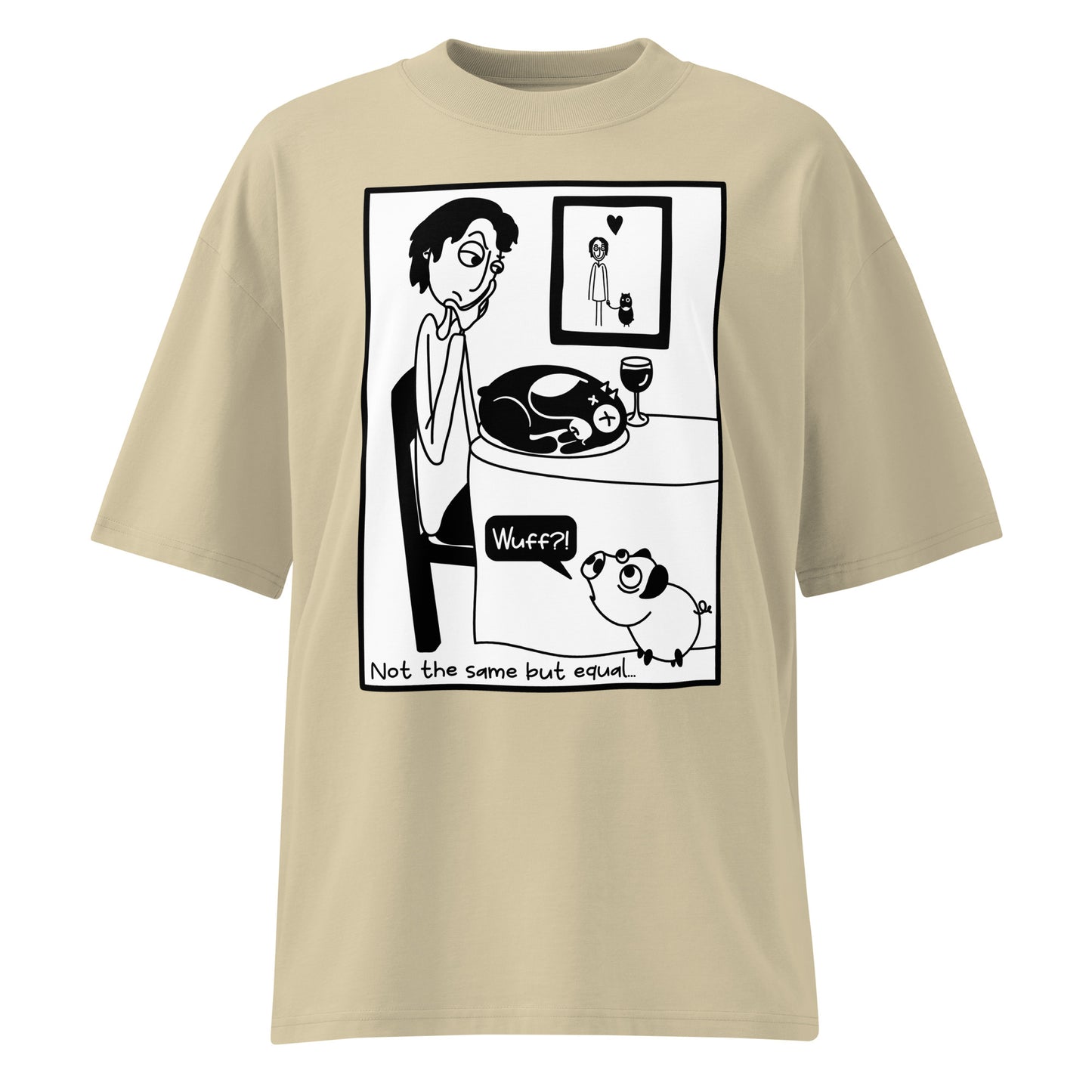 Beiges Bio-Baumwoll-Oversized-Shirt mit schwarzem Comic-Print und dem Schriftzug Not the same but equal.