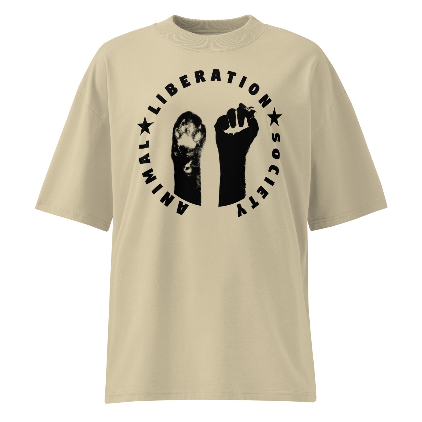 Beiges Bio-Baumwoll-Oversized-Shirt mit schwarzem Animal Liberation Society Druck, Pfoten- und Faust-Motiv.