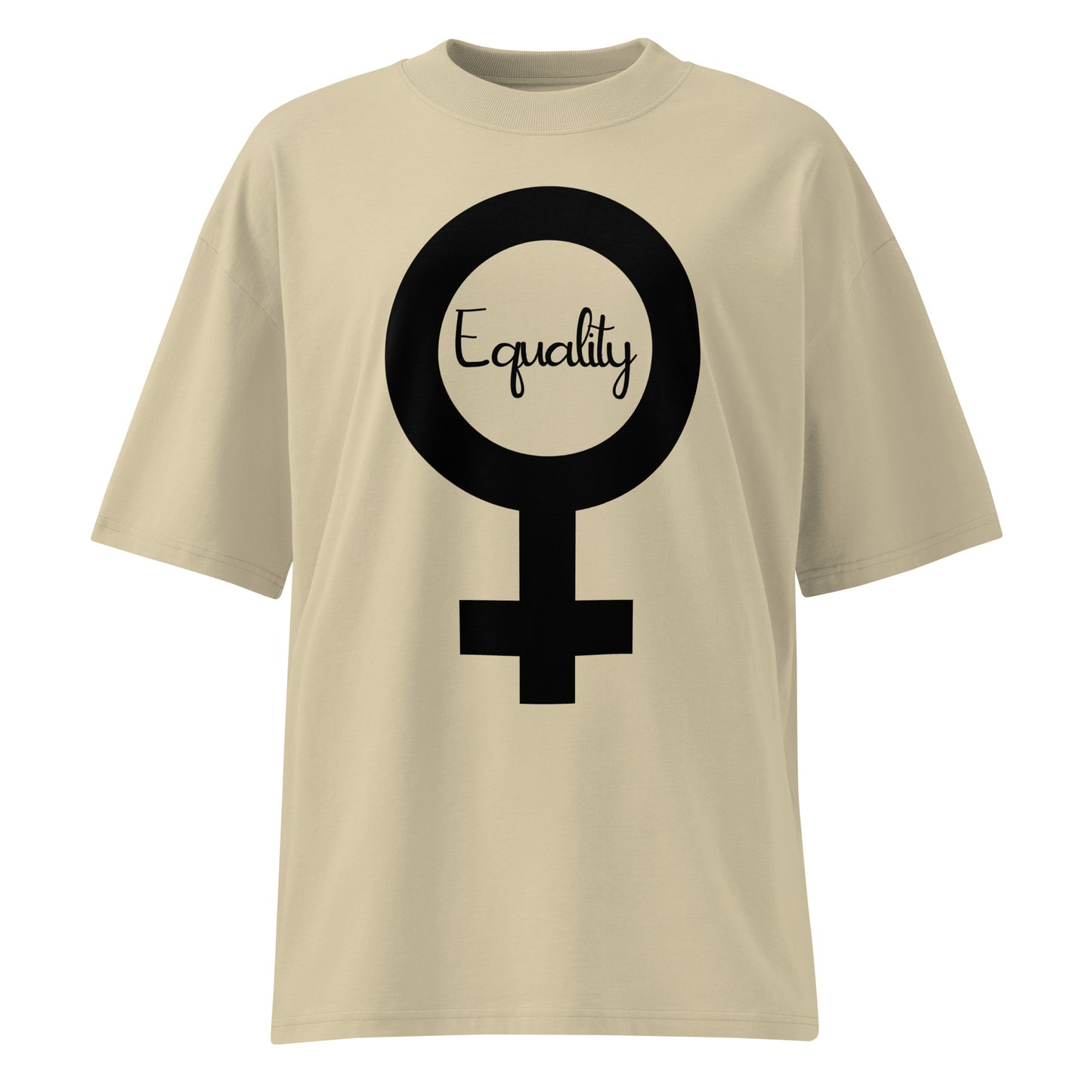 Beiges Bio-Baumwoll-Oversized-Shirt mit schwarzem Feminismus-Symbol und Equality-Schriftzug.