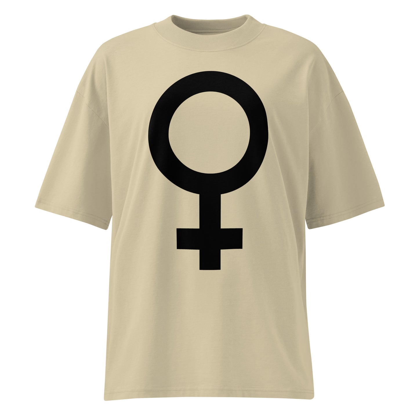 Beigefarbenes Bio-Baumwoll-Shirt im Oversized-Schnitt mit schwarzem Feminismus-Symbol auf der Vorderseite.