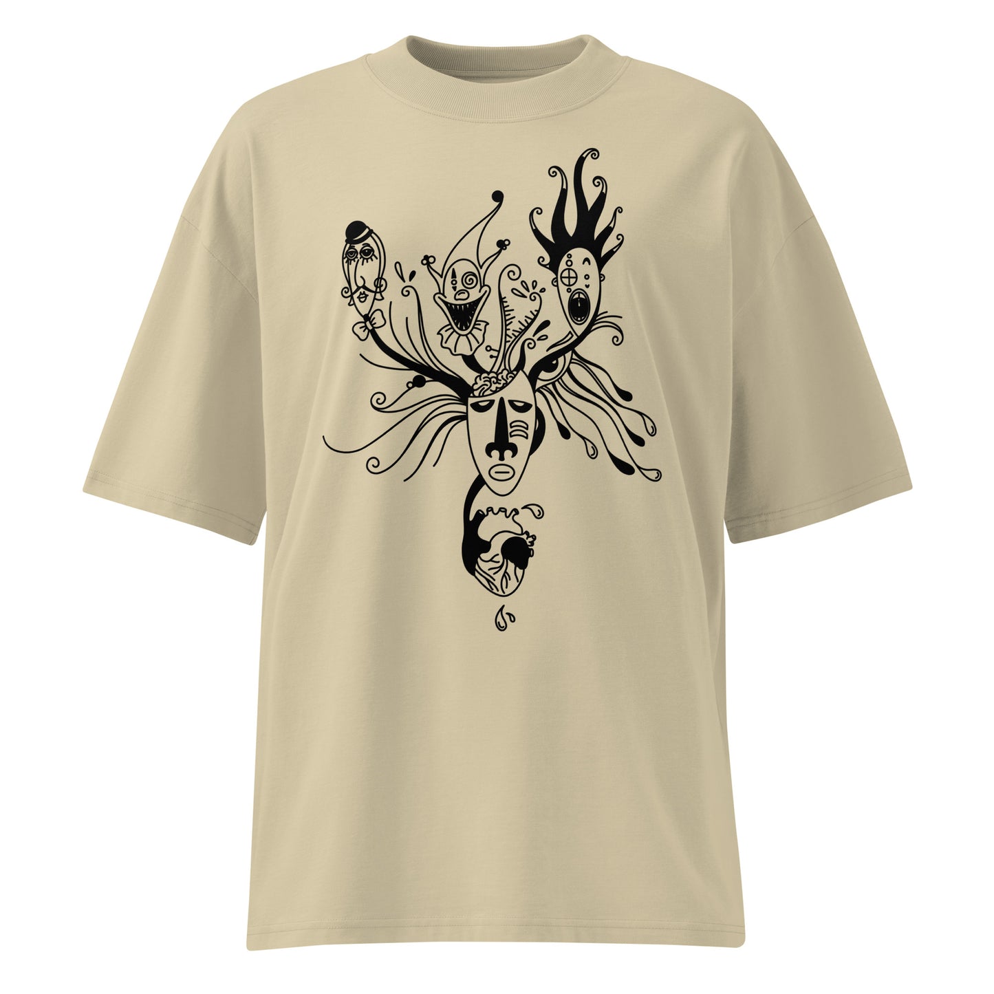 Beiges Bio-Baumwoll-Oversized-Shirt mit schwarzem Mental-Health-Print, Masken-Motiv und Herz-Grafik.