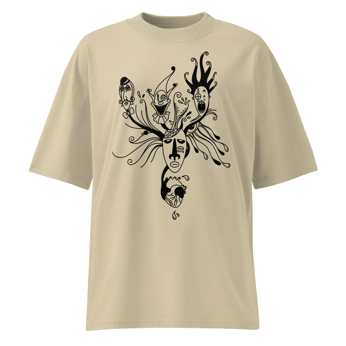 Oversized T-Shirt mit rundem Halsausschnitt, steinbeige und schwarzes Kopf-Linienmotiv