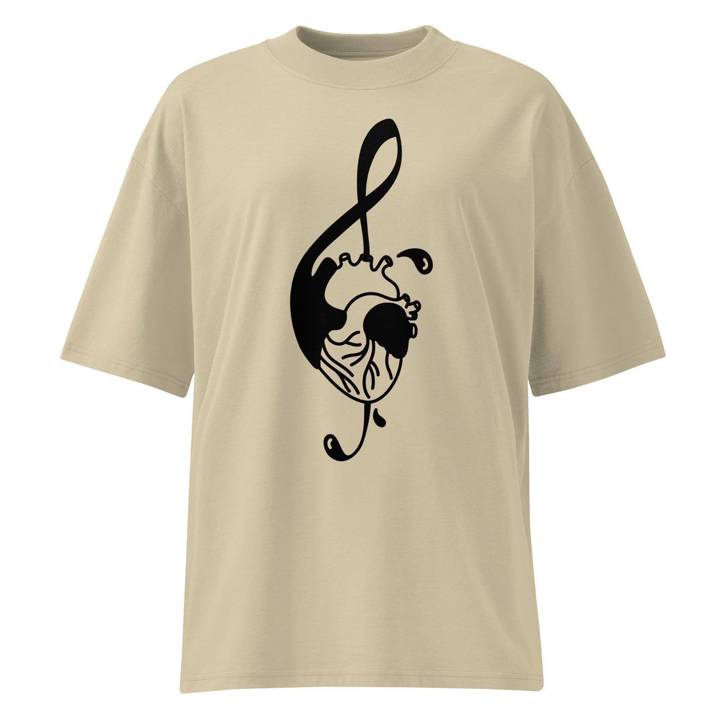 Beiges Bio-Baumwoll-Oversized-Shirt mit schwarzem Musik-Herz-Print und überschnittenen Schultern.