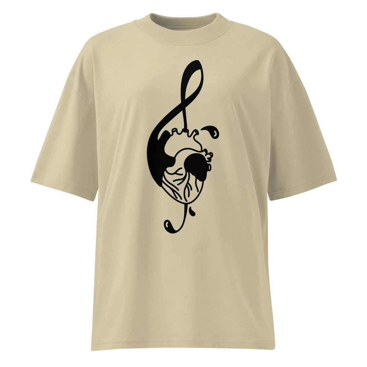 Oversized-Shirt steinfarben mit schwarzem Notenschlüssel-Print und Katzenmotiv