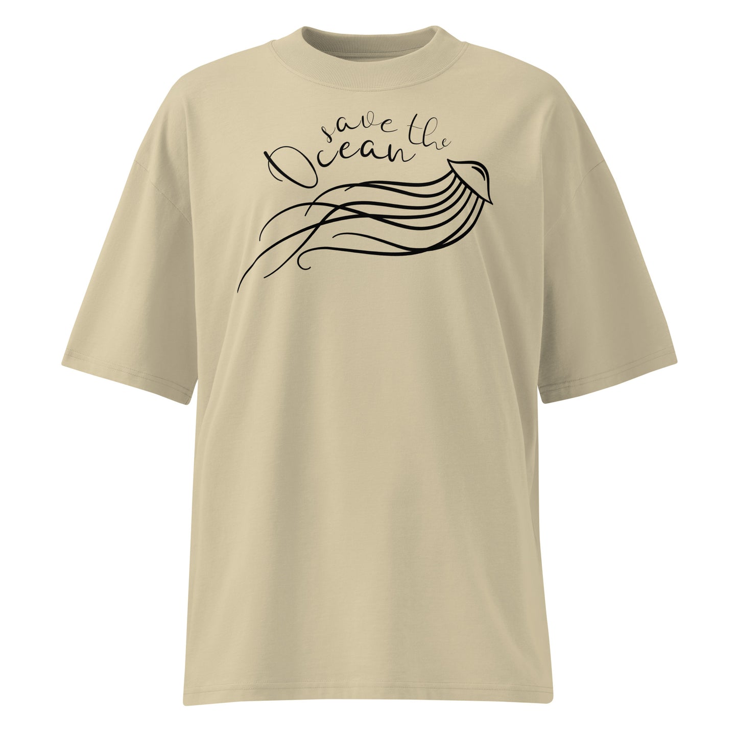 Beiges Oversized-Shirt aus Bio-Baumwolle mit schwarzem „Save the Ocean“-Aufdruck und Quallen-Grafik.