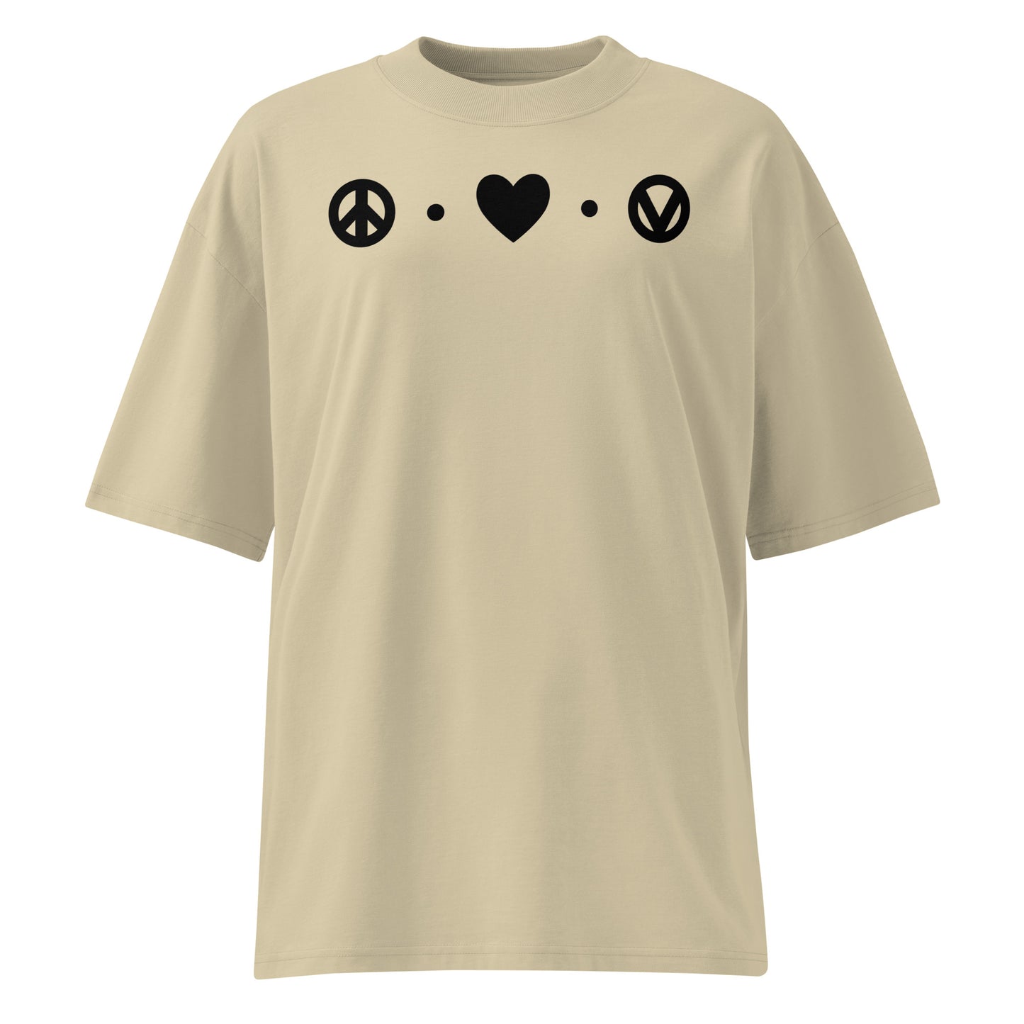 Beiges Oversized-T-Shirt aus Bio-Baumwolle mit schwarzem PEACE-LOVE-VEGANISM-Aufdruck und überschnittenen Schultern.