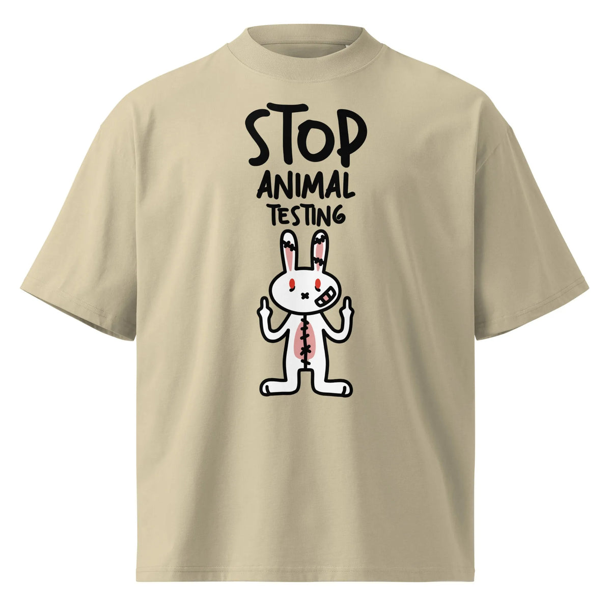 Oversized T-Shirt in Steinbeige mit Hasen-Motiv „Stop Animal Testing“